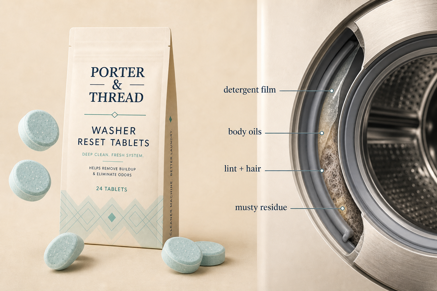 Porter & Thread pack beside a cutaway washer showing hidden detergent film, oils, lint, hair, and residue